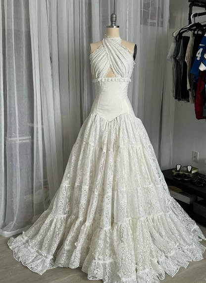 Vintage Ivory A Line Halter Lace Satin Ball Gown Graduation Prom Dress DP4840