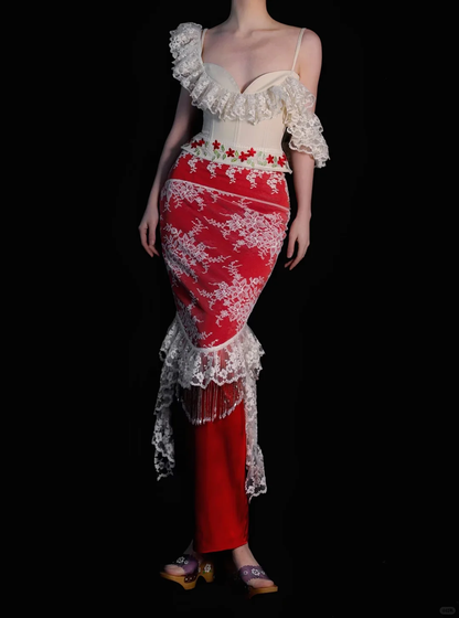Vintage Unique Sheath Off the Shoulder Lace Beaded Red Satin Prom Dress Evening Dress DP6467
