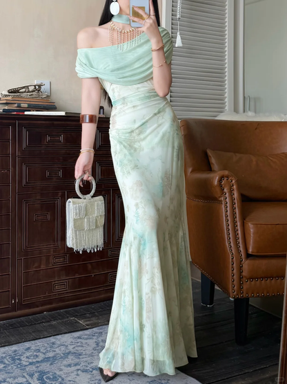 Gentle Light Green Mermaid Print Floral Chiffon Long Prom Dress Evening Dress DP5648