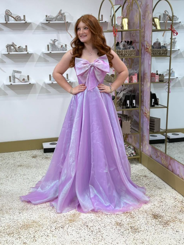 Shiny Purple A Line Strapless Bow Tulle Long Prom Dress Evening Dress DP6275