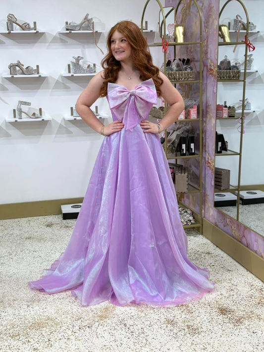 Shiny Purple A Line Strapless Bow Tulle Long Prom Dress Evening Dress DP6275