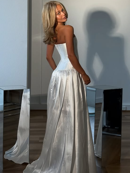 Simple Classic A Line Strapless Corset Satin Prom Dress Wedding Dress DP6038