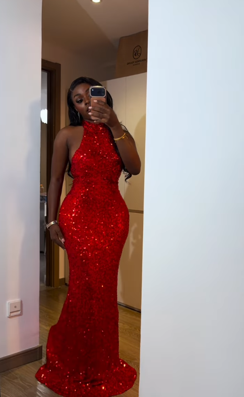 Shiny Red Mermaid Halter Sequin Backless Long Prom Dress Evening Dress DP7861