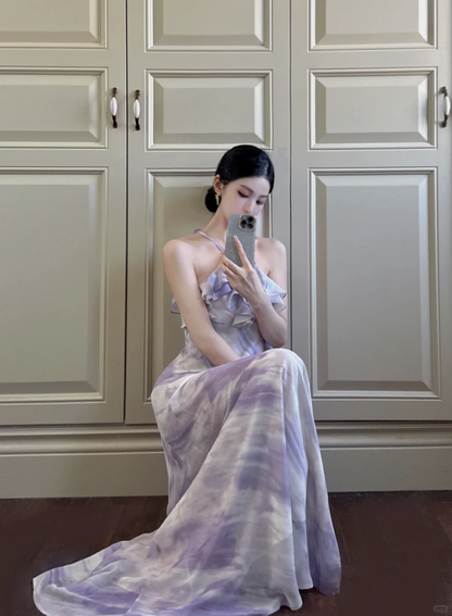 Pretty A Line Halter Ruffle Purple Chiffon Long Prom Dress Outfits DP4615