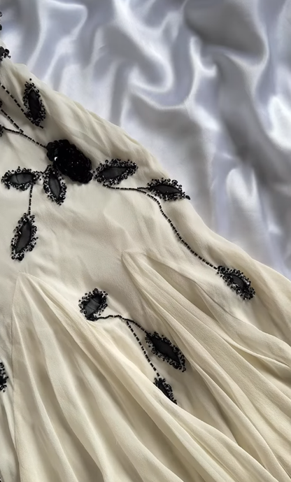 Vintage A Line Straps Black Beaded Ivory Chiffon Homecoming Dress Outfits DP5131