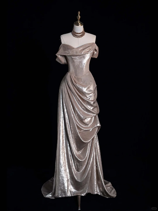 Champagne A Line Off the Shoulder Satin Party Dress Prom Graduation Prom Dress DP1987