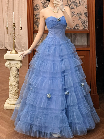 Vintage Blue A Line Strapless Layered Tulle Long Prom Dress Evening Dress DP5615
