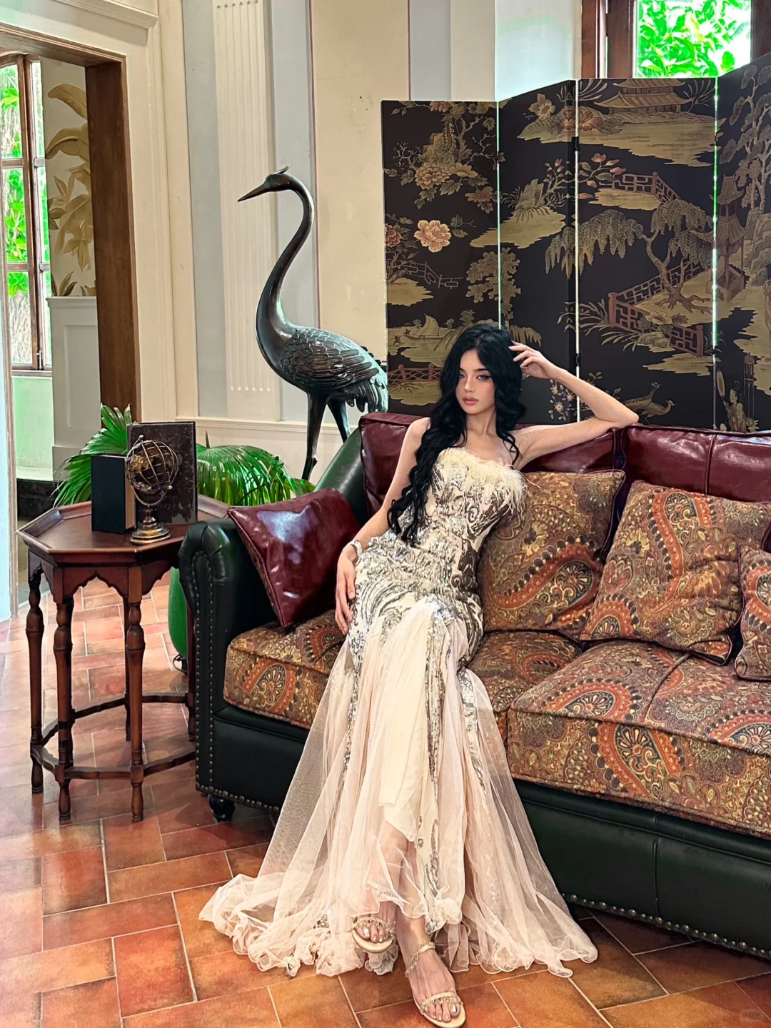 Sexy Mermaid Strapless Sequin Feather Tulle Prom Dress Party Dress DP4551