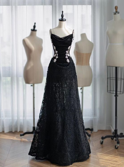 Luxurious Black Foral Beaded Velvet Lace Evening Dress Formal Long Prom Dress DP742