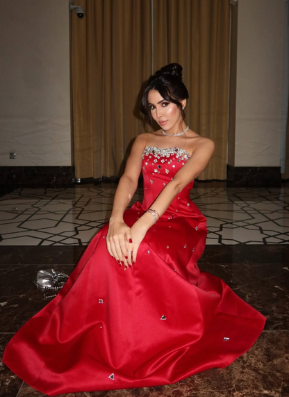 Stunning Red A Line Strapless Shiny Beaded Satin Prom Dress Wedding Guest Dress DP4917