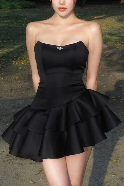 Popular Strapless Black Satin Mini Prom Dress Layered Homecoming Dress DP674