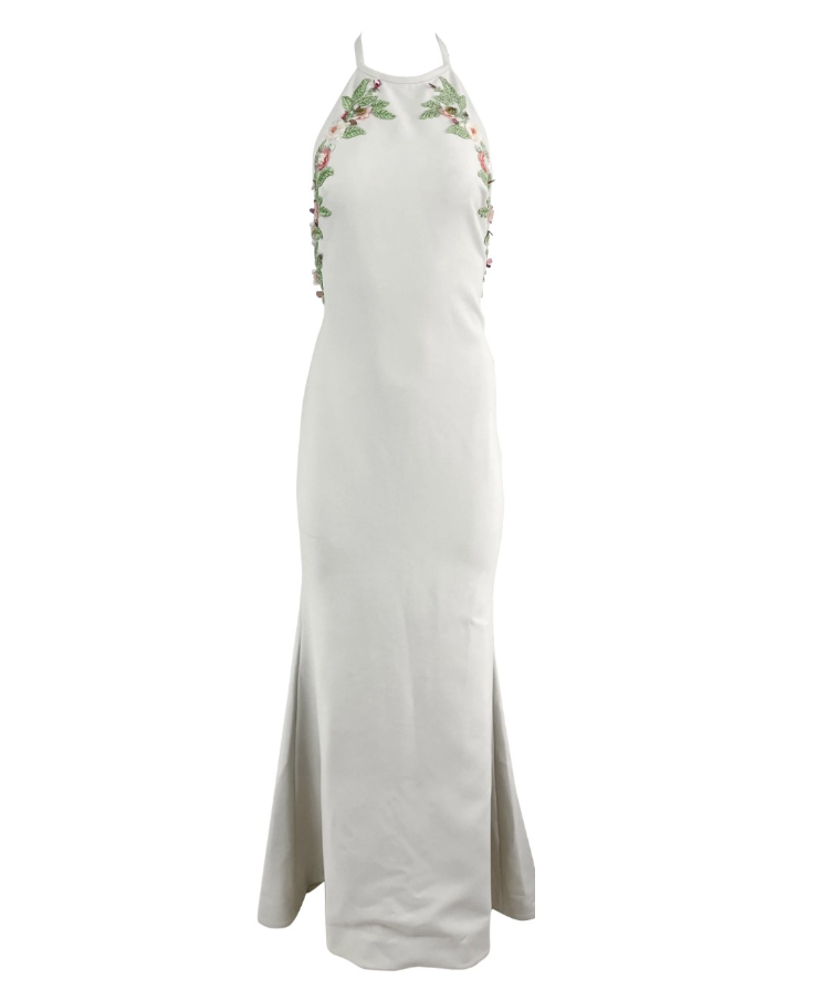 Simple Sheath Halter Appliques Sequin White Satin Prom Dress Evening Dress DP1768