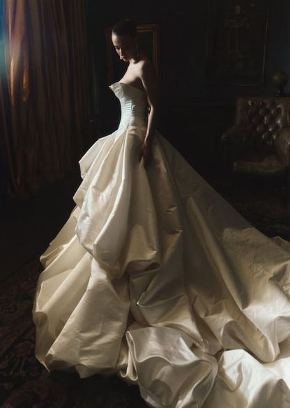 Unique Ball Gown Strapless Pleated Ivory Satin Long Train Wedding Dress DP5825