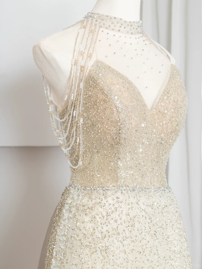 Shiny A Line Halter Beaded Sequin White Organza Long Prom Dresses DP4183