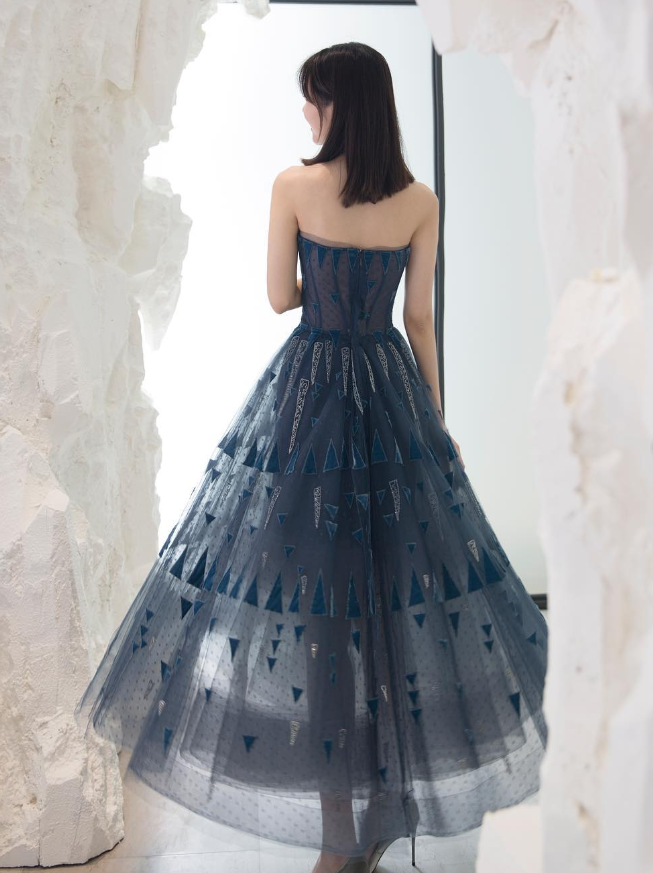 Elegant A Line Strapless Blue Tulle Long Prom Dress Evening Dress DP1537