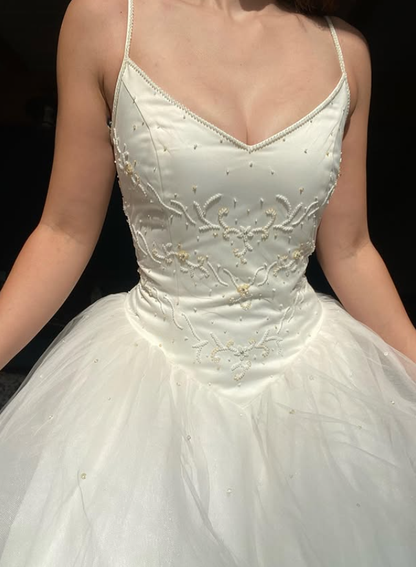 Pretty A Line Spaghetti Straps Beaded White Satin Tulle Wedding Dress Prom Dress DP5537