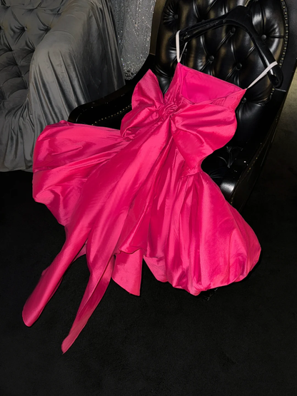 Cute Hot Pink A Line Strapless Satin Short Homecoming Dress Birthday Dress with Bow DP1947