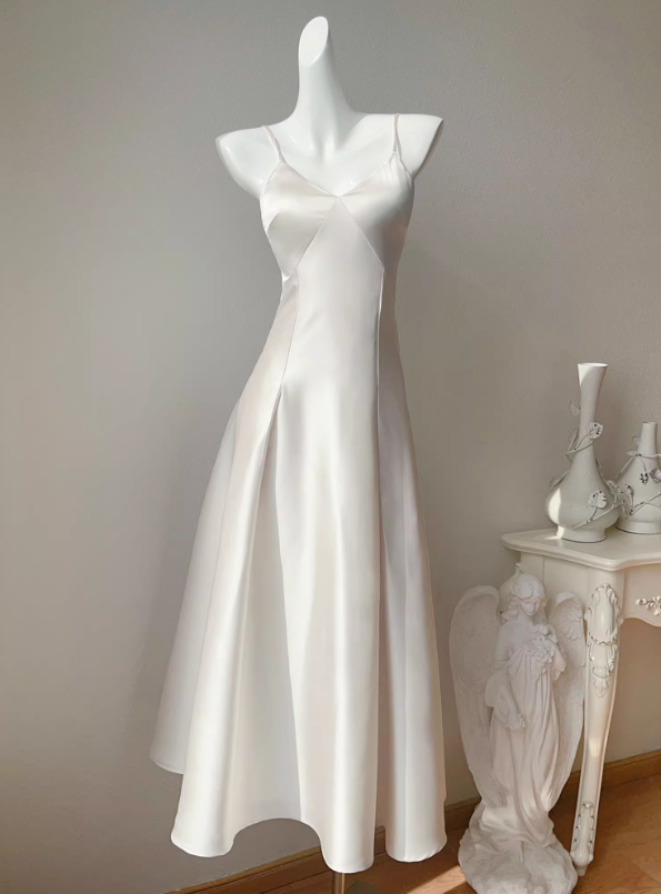 Simple White Spaghetti Strap Satin Prom Dress Evening Dress Party Dress DP3589