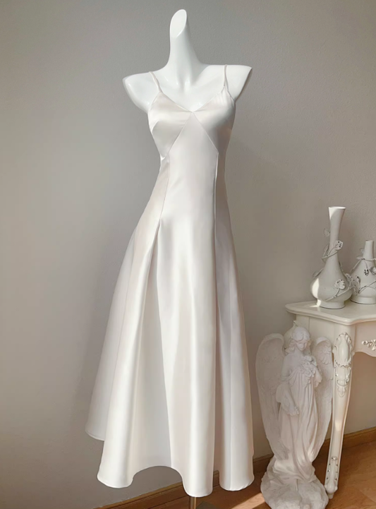 Simple White Spaghetti Strap Satin Prom Dress Evening Dress Party Dress DP3589