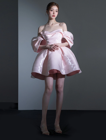 Stunning A Line Off the Shoulder Pink Satin Short Homecoming Dress Birthday Dress DP3650