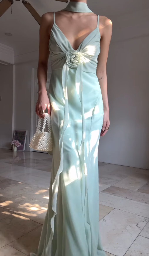 Romantic Mermaid Spaghetti Straps Ruffle Light Green Chiffon Graduation Prom Dress DP4873