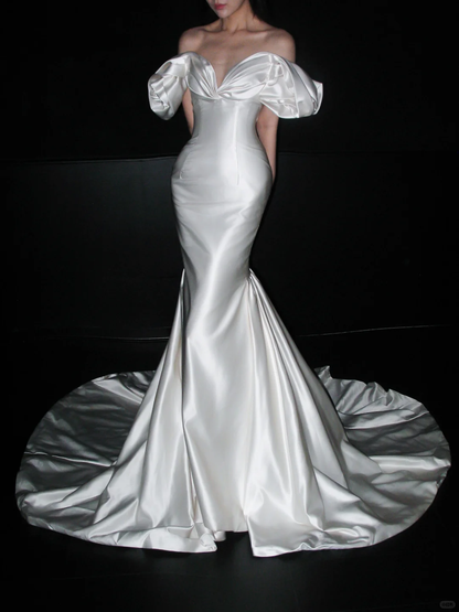 White Mermaid Off the Shoulder Satin Long Train Wedding Dress DP8108