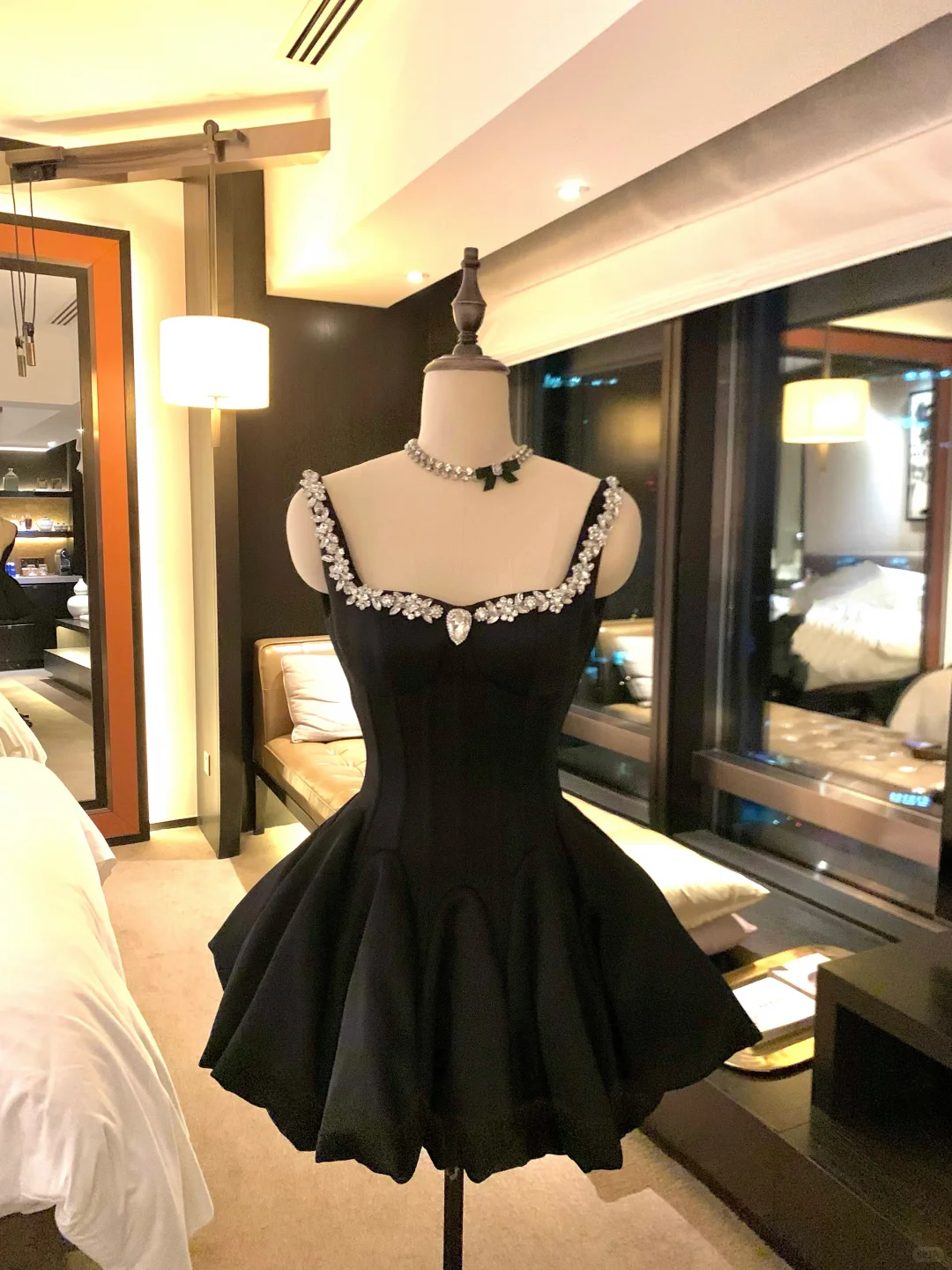 Black A Line Strap Rhinestone Satin Short Prom Dress Homecoming Dress DP5461