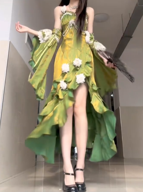 Stunning Green Mermaid Strap Rose Layered Satin Prom Dress Graduation Ball Gown DP4560