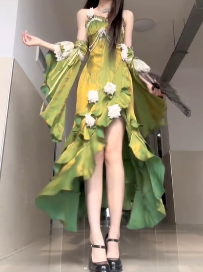 Stunning Green Mermaid Strap Rose Layered Satin Prom Dress Graduation Ball Gown DP4560