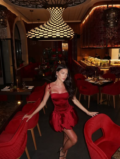 Burgundy Bow A Line Spaghetti Strap Satin Short Homecoming Dress Birthday Dress DP3680