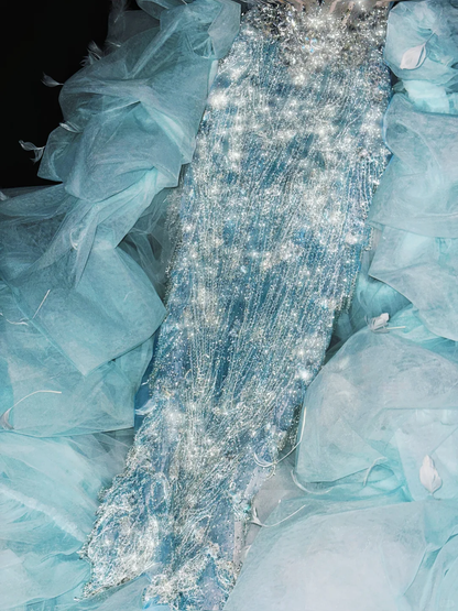 Dreamy Sheath Sequin Beaded Baby Blue Tulle Long Sweep Prom Dress Evening Dress DP2694