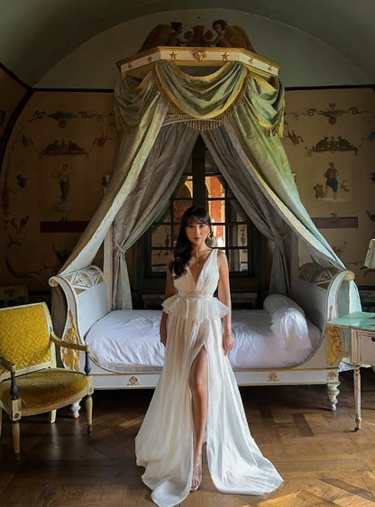 Elegant A Line V Neck Beaded White Chiffon Prom Dress Evening Dress with Slit DP4403