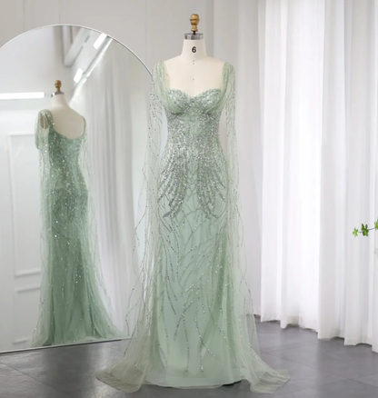 Blue Luxury Mermaid Beads Sequins Tulle Evening Dresses with Cape Sleeves DP1403
