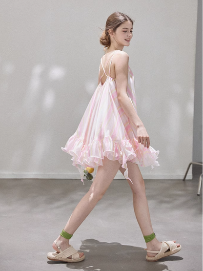 Cute Pink Stripe A Line Spaghetti Strap Satin Short Homecoming Dress Vacation Dress DP3648
