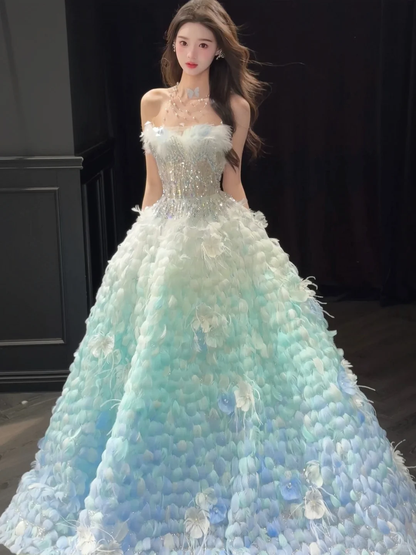 Stunning Ball Gown Strapless Blue Green Ombre Feather Tulle Prom Dress 16th Birthday Dress DP4241