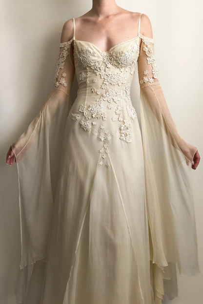 Pretty A Line Long Sleeve Ivory Appliques Lace Chiffon Prom Dress Party Dress DP4784