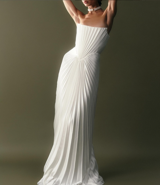 Unique Sheath Strapless Pleated Satin Wedding Dresses White Prom Dress DP3640