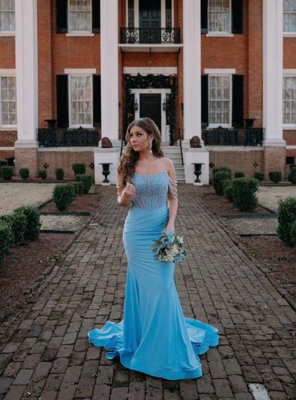 Glamorous Mermaid Off the Shoulder Beaded Blue Satin Long Prom Dress Evening Dress DP6278