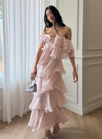 Gentle Light Pink A Line V Neck Layered Satin Prom Dress Evening Dress DP5779