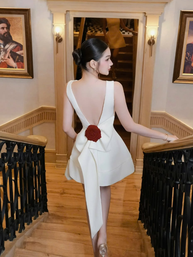 White A Line Round Neck Satin Open Back Short Homecoming Dress with Flower DP1423