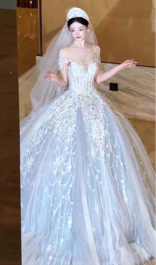 Dreamy Ball Gown Appliques Beaded Pleated Unique Tulle Wedding Dress DP5050