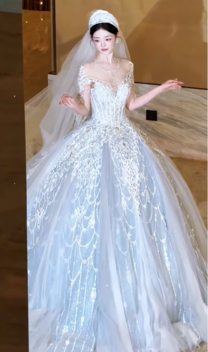 Dreamy Ball Gown Appliques Beaded Pleated Unique Tulle Wedding Dress DP5050