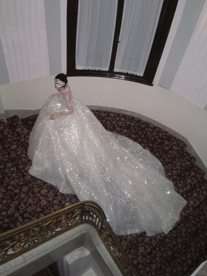 Shiny Ball Gown Long Sleeve Beaded Sequin White Tulle Prom Dress Wedding Dress DP4242