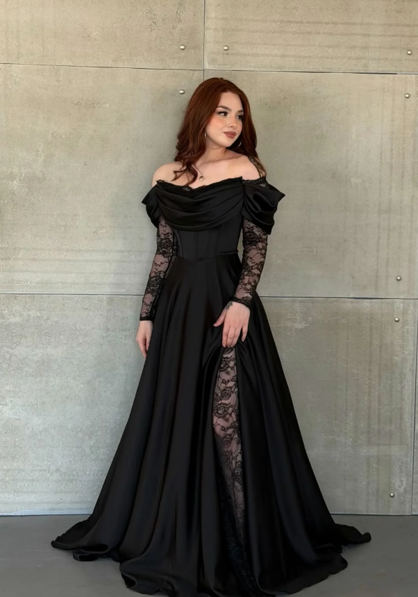 Elegant Black A Line Long Sleeve Lace Satin Prom Dress Eveening Dress DP5632