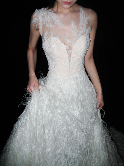 New A Line Sweetheart Neck White Applique Feather Tulle Long Wedding Dress DP8115