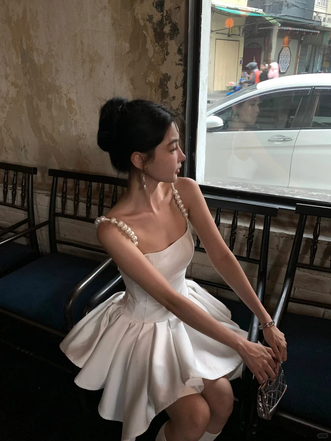 Elegant A Line Straps Pearl White Satin Short Homecoming Dress Cocktail Dress DP2718