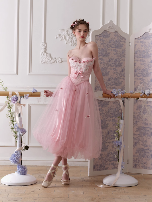 Cute A Line Sweetheart Neck Corset Bow Pink Tulle Satin Party Dress Birthday Dress DP2744