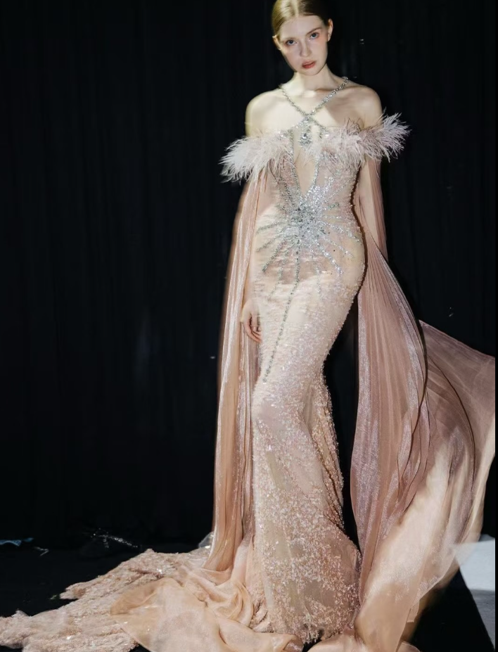 Green Mermaid Halter Exquisite Beaded Feather Tulle Long Prom Dress DP4813