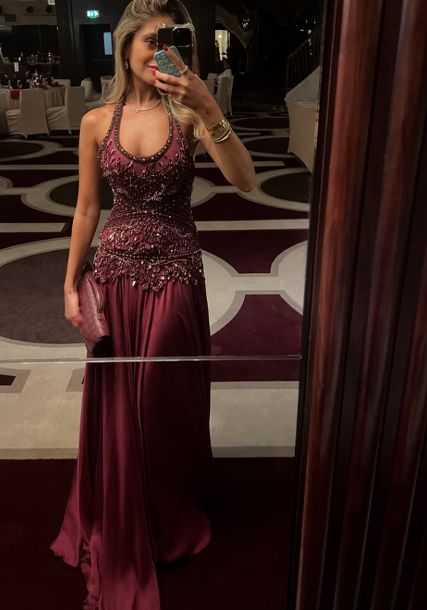 Exquisite A Line Halter Beaded Chiffon Long Prom Dresses DP4621