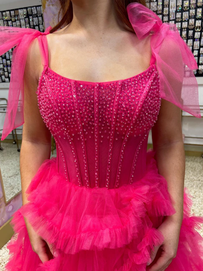 Cute Hot Pink A Line Spaghetti Strap Beaded Layered Tulle Long Prom Dress Evening Dress DP6570